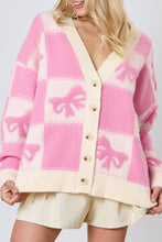 Load image into Gallery viewer, Online Pink Bowknot Checkered Pattern V Neck Drop Shoulder Button Up Cardigan
