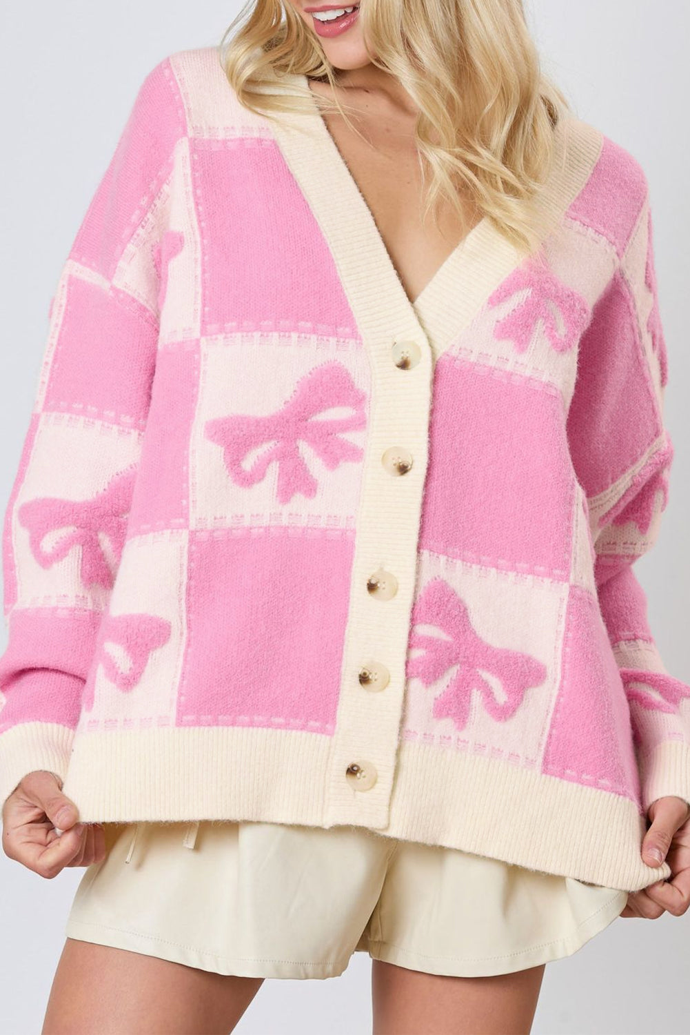 Online Pink Bowknot Checkered Pattern V Neck Drop Shoulder Button Up Cardigan