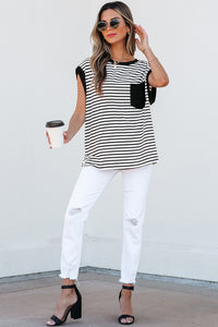 Online Black Stripe Chest Pocket Patch Round Neck Tank Top