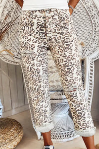 Leopard Raw Hem Straight Legs Pants