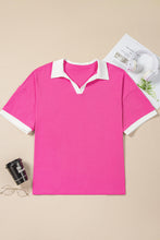 Load image into Gallery viewer, Online Pink Contrast Trim Collared Split Neck Short Sleeve Plus Size Top
