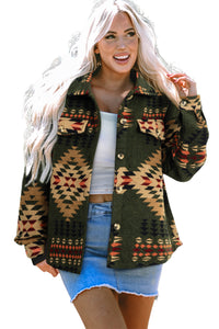 Online Green Aztec Print Flap Pockets Long Sleeve Shacket