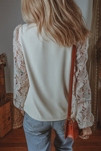 Online White Scalloped V Neckline Lace Hollowed Lantern Sleeve Blouse