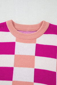 Online Pink Checkered Ribbed Edge O Neck Drop Shoulder Sweater