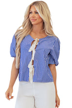 Load image into Gallery viewer, Online Blue Stripe Tied Front Puff Short Sleeve Blouse
