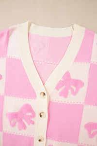 Online Pink Bowknot Checkered Pattern V Neck Drop Shoulder Button Up Cardigan