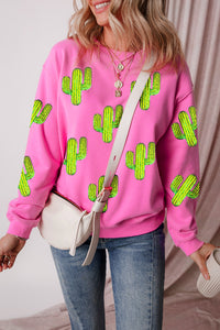 Online Bonbon Sequined Cactus Pattern Crewneck Pullover Sweatshirt
