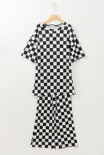 Load image into Gallery viewer, Online Black Checkered Print Half Sleeve Tunic Top and Flared Pants Set
