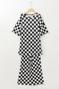 Online Black Checkered Print Half Sleeve Tunic Top and Flared Pants Set