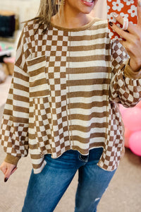 Online Khaki Striped Checkered Mixed Print Chest Pocket Casual Plus Size Top