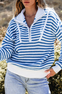 Online Pink Stripe Zip up Collar Drop Shoulder Sweater