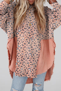 Online Brown Printed Raw Edge Leopard Patchwork Oversized Blouse