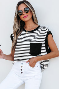 Online Black Stripe Chest Pocket Patch Round Neck Tank Top