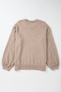 Online Smoke Gray Pearled Drop Shoulder Plus Size Sweater