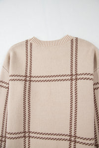 Online Pink Plaid Pattern Knitted Drop Shoulder Sweater