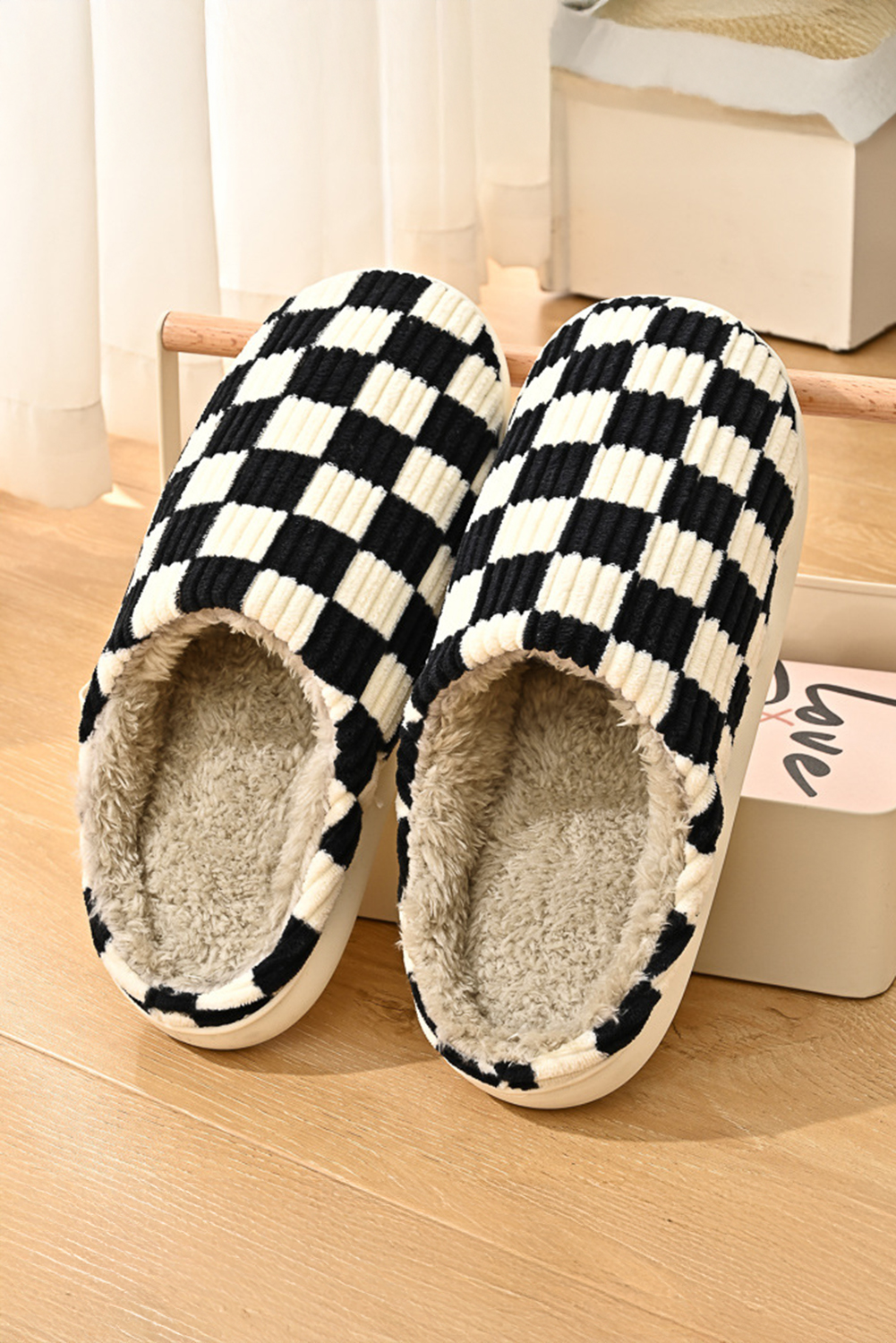 Online Black Checkered Print Ribbed Plush Lined Winter Slippers