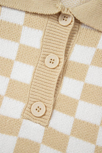 Online Apricot Checkered Buttons Collar V Neck Drop Shoulder Sweater