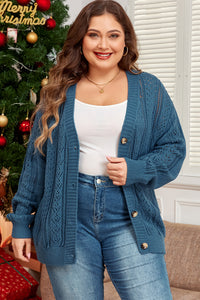 Online Real Teal Open Knit V Neck Button Front Drop Shoulder Plus Size Cardigan