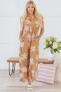 Online Khaki Floral Print Sleeveless Button up Wide Leg Loose Jumpsuit