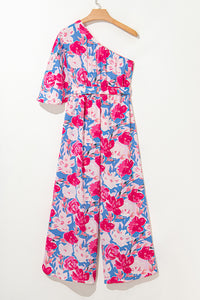 Online Pink Floral Print Asymmetrical Neckline Single Shoulder Drape Sleeve Belted Jumpsuit