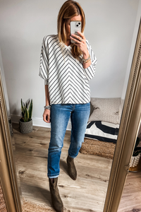 Black Stripe Chevron Striped V Neck Long Sleeve Casual Top