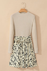 Online Black Ribbed Knit Patchwork Printed Belted A-line Dress