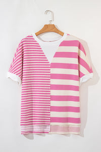Online Pink Stripe Patchwork Textured Short Sleeve High Low Loose Top