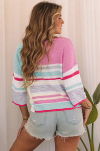 Pink Color Block Striped Three-Quarter Sleeve Knitted Top