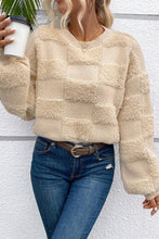 Load image into Gallery viewer, Online Parchment Checkered Sherpa Crew Neck Loose Sweater
