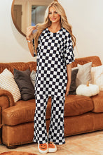 Load image into Gallery viewer, Online Black Checkered Print Half Sleeve Tunic Top and Flared Pants Set
