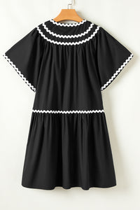 Online Black Contrast Ricrac Trim Short Sleeve V Neck Loose Mini Dress