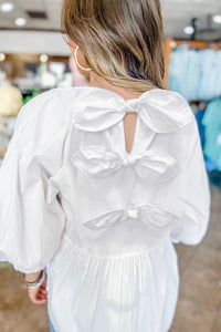 Online White Bow Knot Cutout Back Loose Fit 3/4 Sleeve Blouse