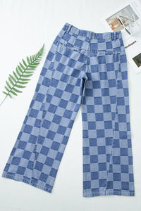 Online Dark Grey Checkered Denim Wide Leg Jeans