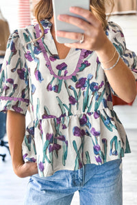 Online Purple Floral Ricrac Trim Half Sleeve Peplum Top