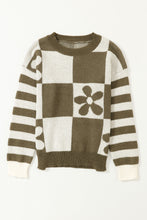 Load image into Gallery viewer, Online Orchid Petal Checkered Floral Print Striped Sleeve Sweater
