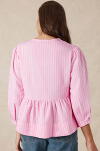 Online Pink Stripe Bowknot Front Crew Neck Puff Sleeve Blouse