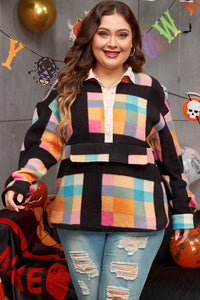 Online Black Plus Size Checkered Print Sherpa Henley Sweatshirt