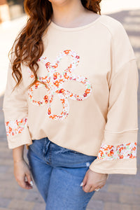 Online Beige Plus Size Flower Patched Side Slits Crewneck Top