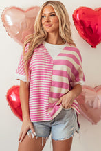 Load image into Gallery viewer, Online Pink Stripe Patchwork Textured Short Sleeve High Low Loose Top
