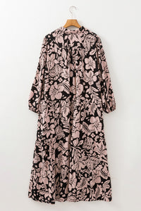 Online Black Plus Size Floral Printed Puff Sleeve Collared Maxi Dress