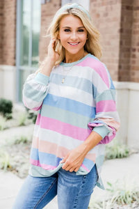 Multicolor Striped Colorblock Long Sleeve Pullover Sweatshirt