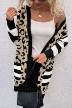 Load image into Gallery viewer, Black Stripe Sleeve Leopard Print Open Front Cardigan With Pockets
