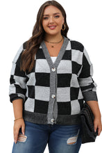 Load image into Gallery viewer, Online Black Checkered Drop Shoulder Buttoned V Neck Cardigan
