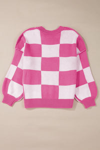 Online Rose Checkered Bishop Sleeve Sweater