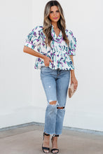 Load image into Gallery viewer, Online Purple Floral Ricrac Trim Half Sleeve Peplum Top
