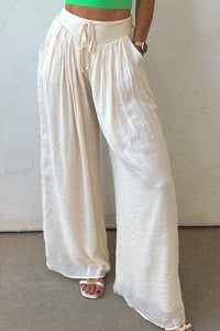 Online White Casual Tie Waist Pleated Wide Leg Pants