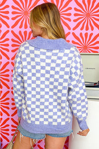 Online Purple Checkered Collared Buttons Plus Size Sweater