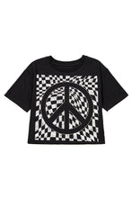 Load image into Gallery viewer, Online Black Checkerboard Peace Sign Printed Round Neck T Shirt
