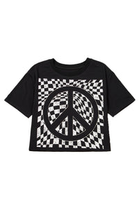 Online Black Checkerboard Peace Sign Printed Round Neck T Shirt