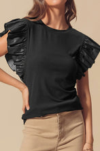 Load image into Gallery viewer, Online Black Leather Ruffle Sleeve Patchwork Round Neck Blouse
